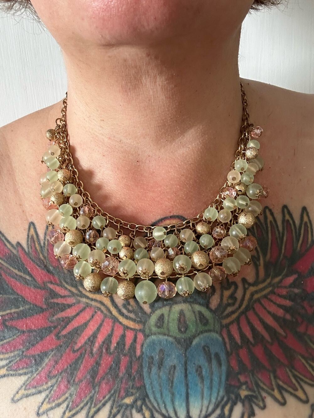 Green Gold Pink Beaded Collar Necklace